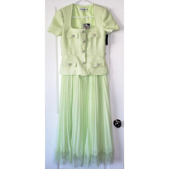 Self Portrait Boucle Chiffon Pleated Midi Dress Womens 6 Lime Tweed Belted NEW - Picture 2 of 16
